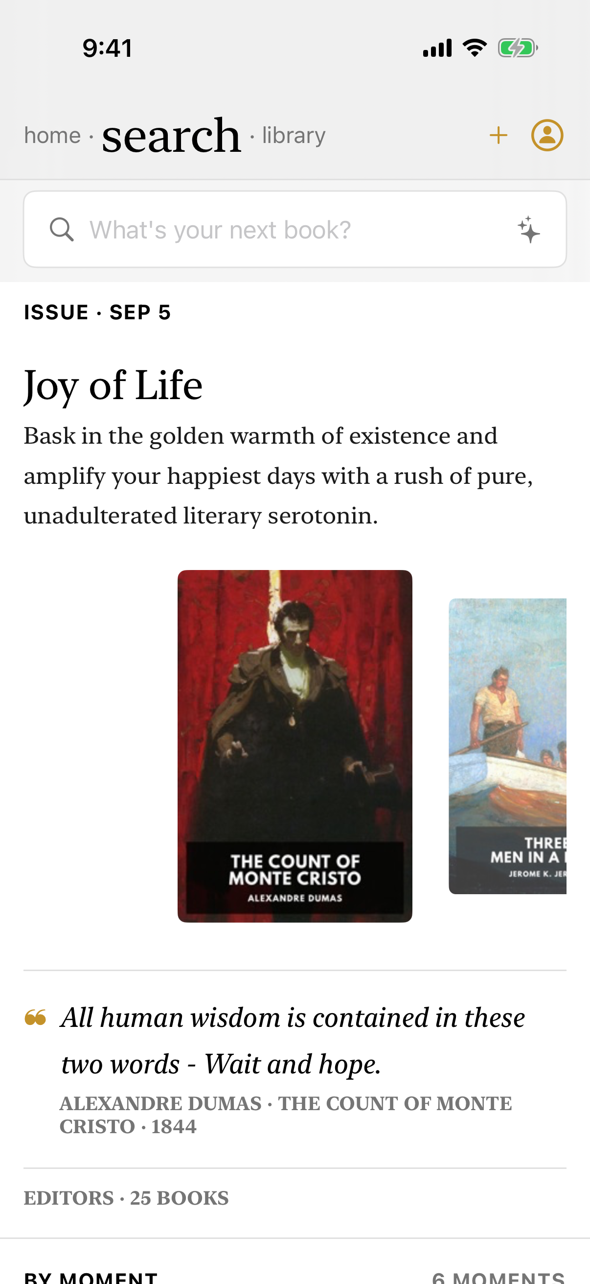 IO reader's Search tab opening on the Issue, an editorial selection of books