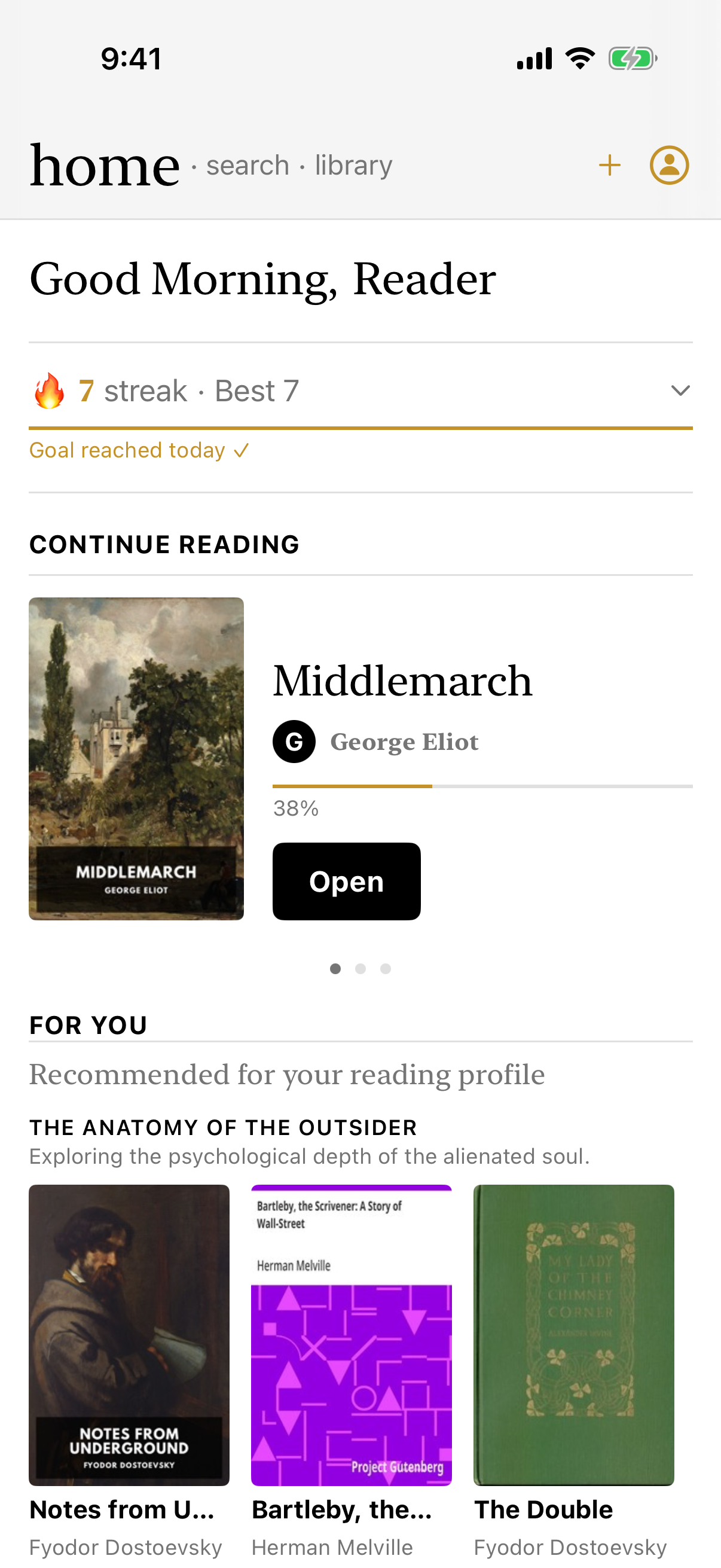 IO reader's Home: Continue Reading, For You, and a curated list of books