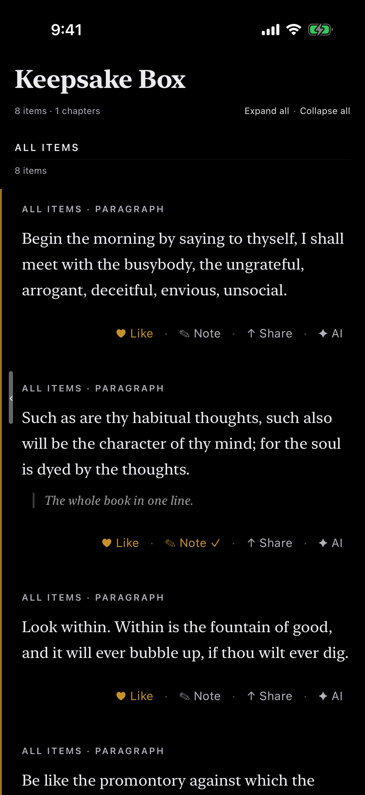 The Keepsake Box in IO reader: saved passages from Meditations under their chapters, each with its note