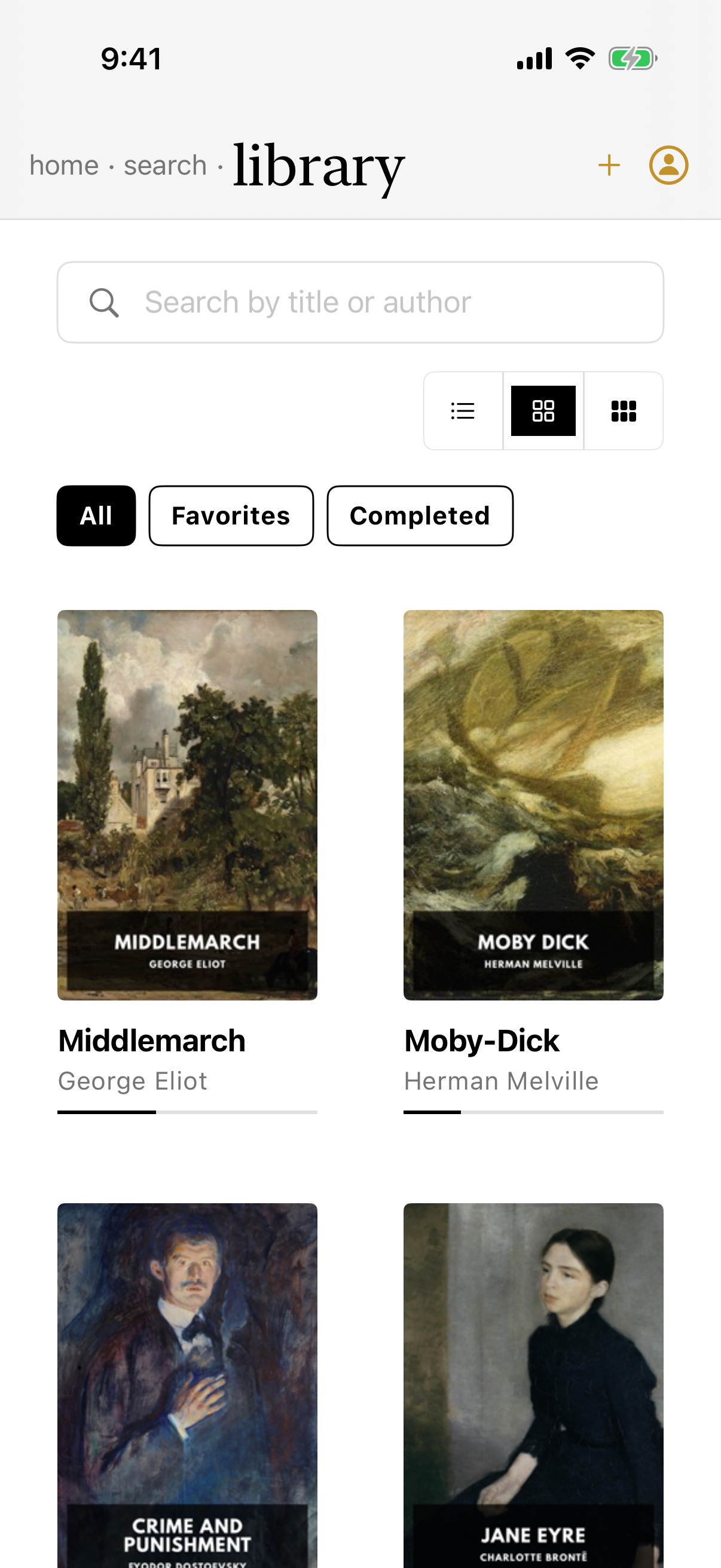 IO Library tab, light theme — a search field, list and grid toggles, filter chips, and a two-column cover grid of Middlemarch, Moby-Dick, Crime and Punishment, and Jane Eyre.